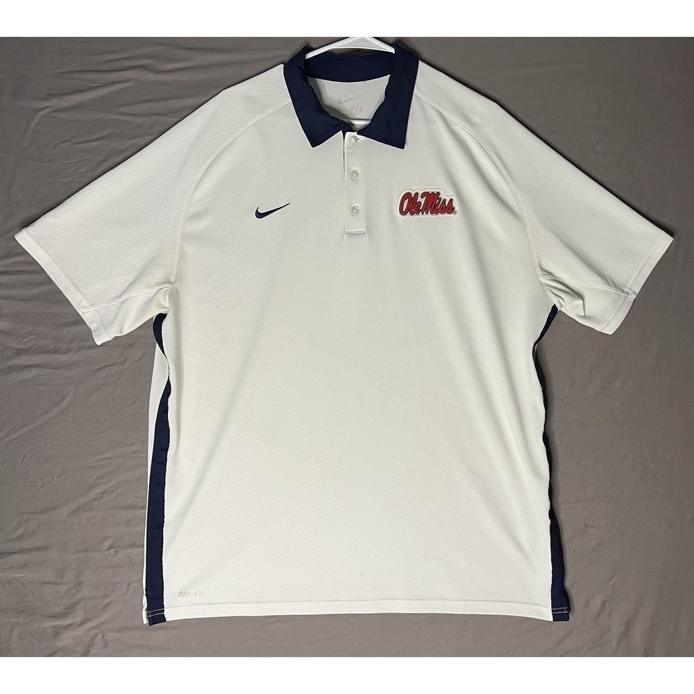 Nike Dri Fit Ole Miss Rebels Polo Shirt Men's White Short Sleeve Football